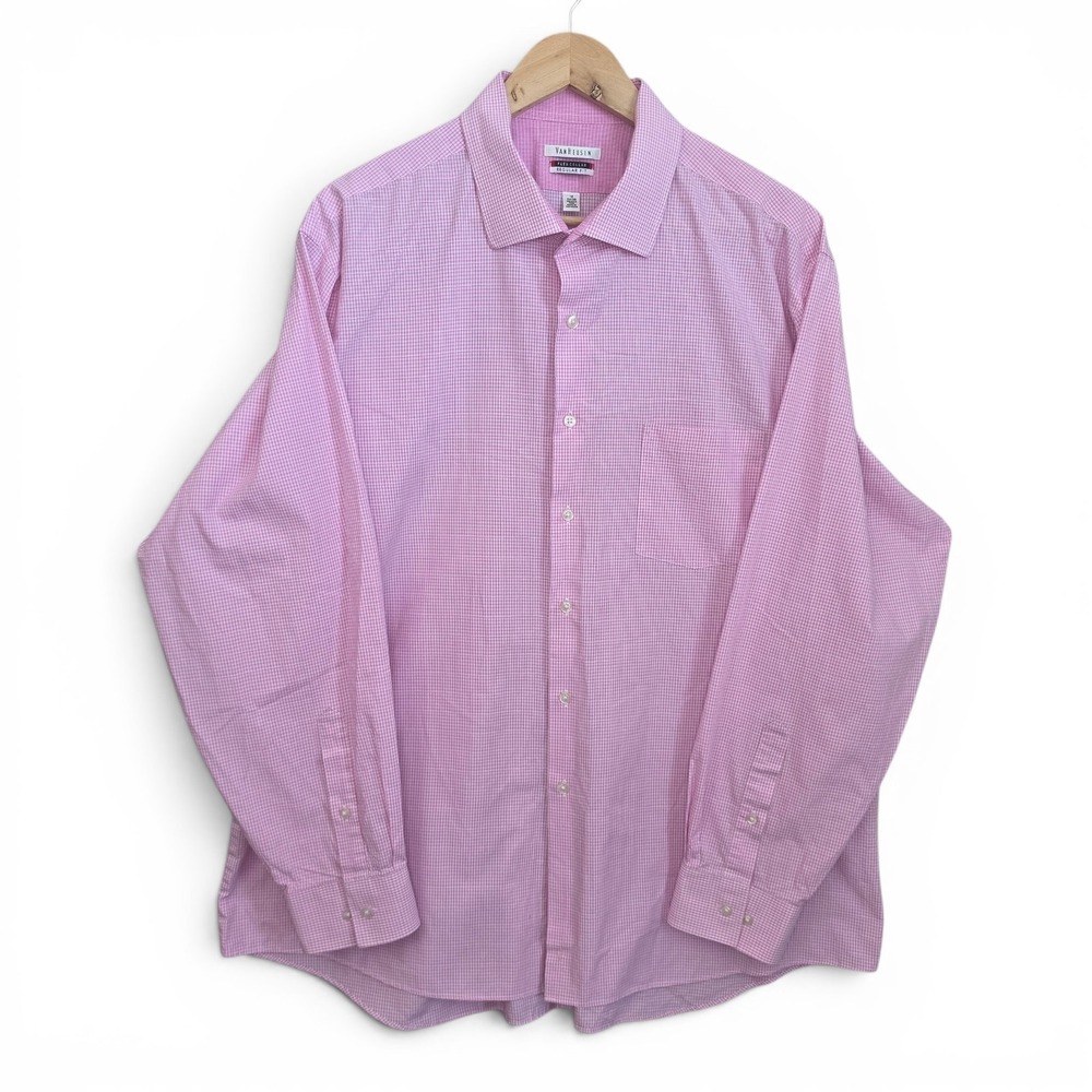 Van Heusen Dress Shirt Mens 18 34/35 Button Up Mini Check Flex Collar Reg Fit